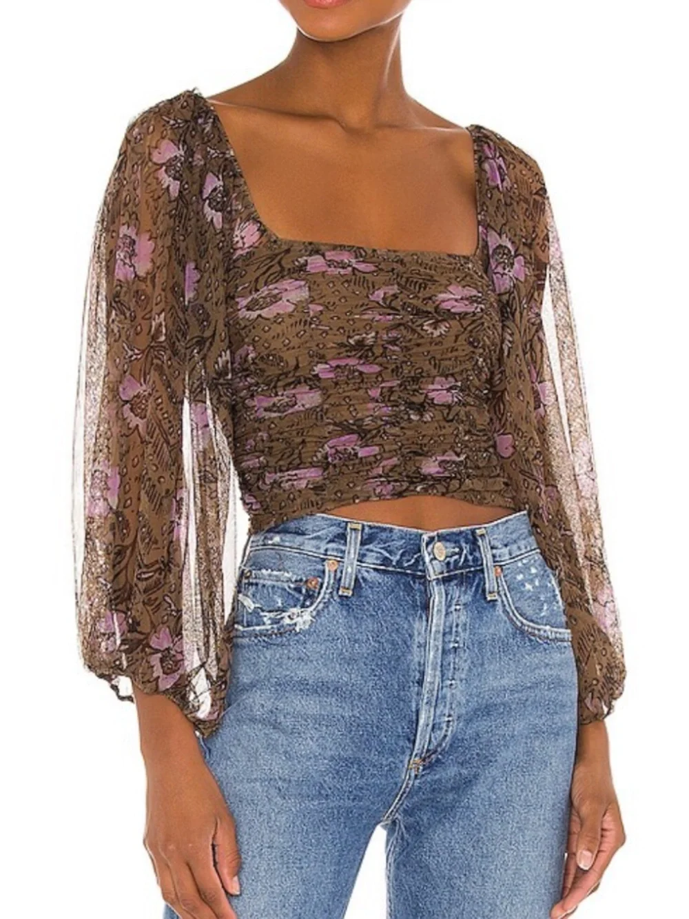 Free People Lilia Top in Olive Combo Square-Neck Puff Sleeve